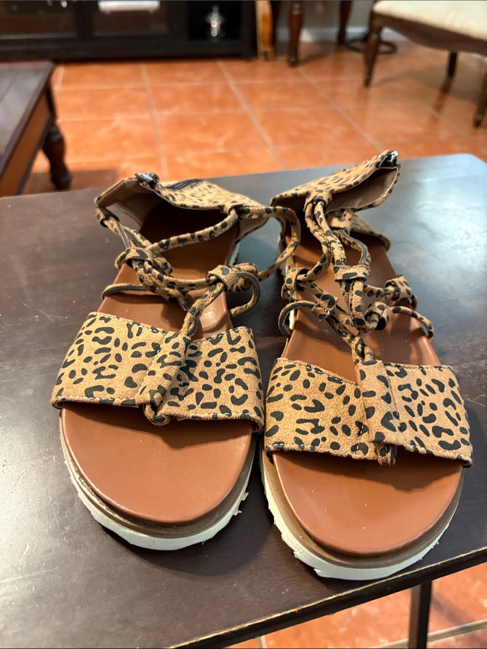 Leopard Print Lace-Up Women’s Sandals - Tan